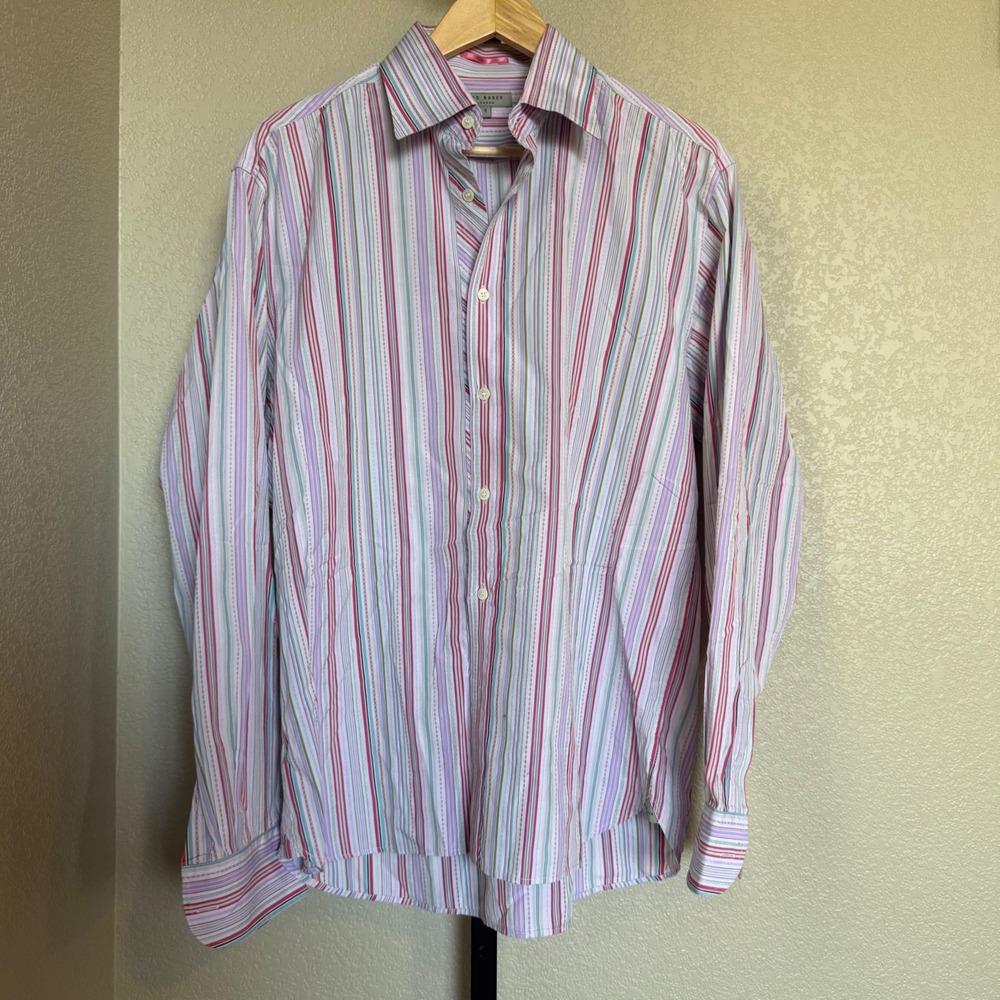 Ted Baker Men's Pink Striped Button Up Dress Shirt Cotton Ted Size‎ 5 (XL)